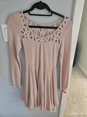 Free People Vintage Blush Lace Yoke Long Sleeve Skater Dress